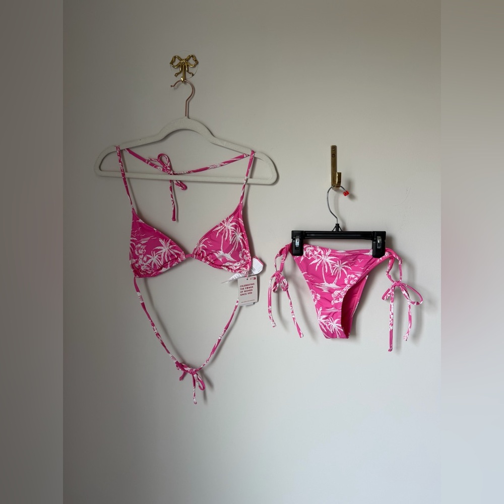 Roxy Pink white tropical palm tree String Bikini Set